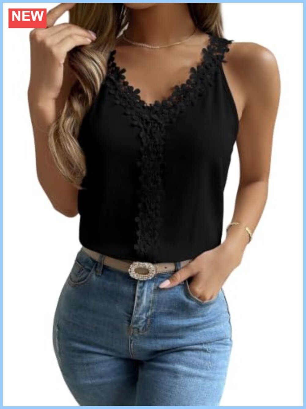 Women's V Neck Lace Trim Tank Top Sleeveless Blouse Dressy Casual